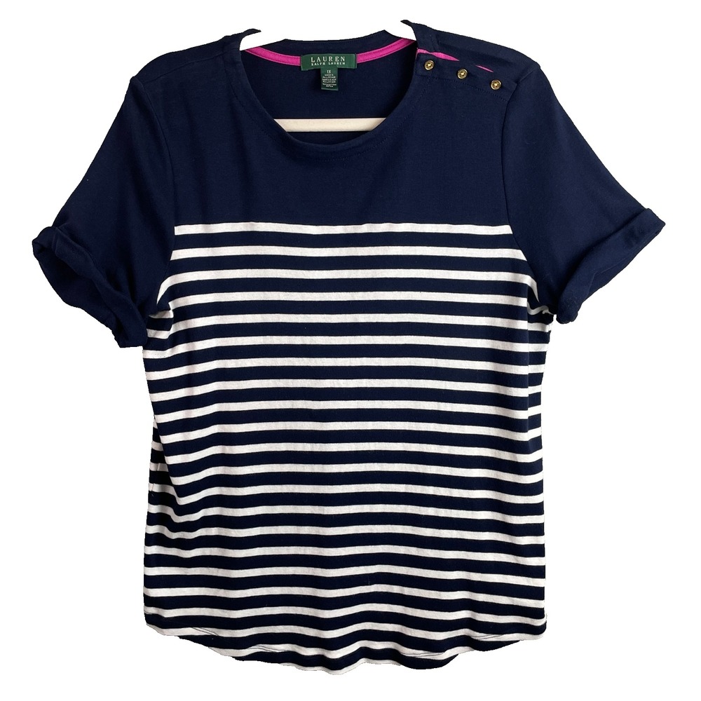 Lauren Ralph Lauren Top 1X Blue Striped Gold Buttons Pullover Nautical Classic